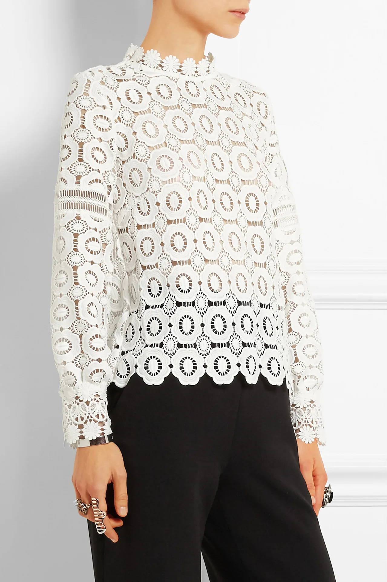 

Shein Blusa 2020 Real Cotton Full Body Women Shirts Spring New Women's Retro Collar Crochet Lantern Sleeves Hollow Lace Shirt