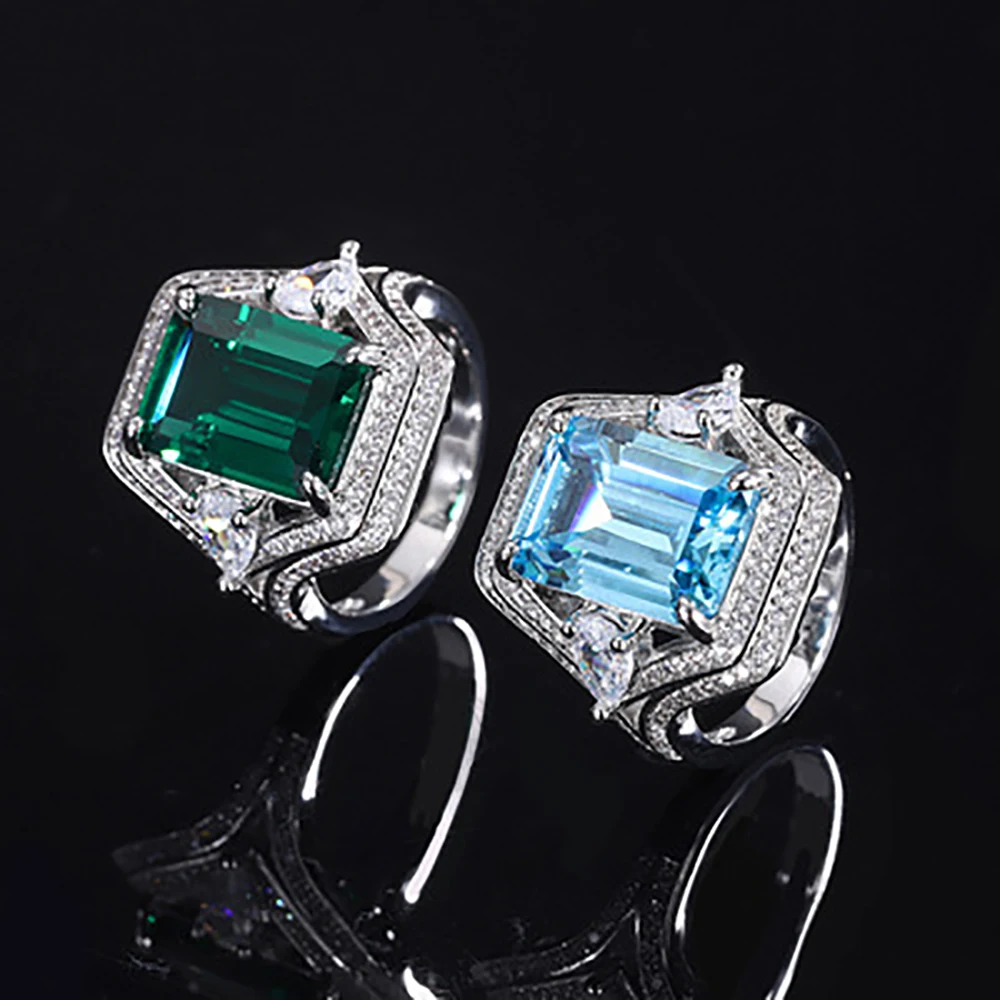 

Charms 925 Sterling Silver Ring Top Quality 10*14mm Aquamarine Emerald Gemstone Women's Rings Wedding Fine Jewelry Anniversary
