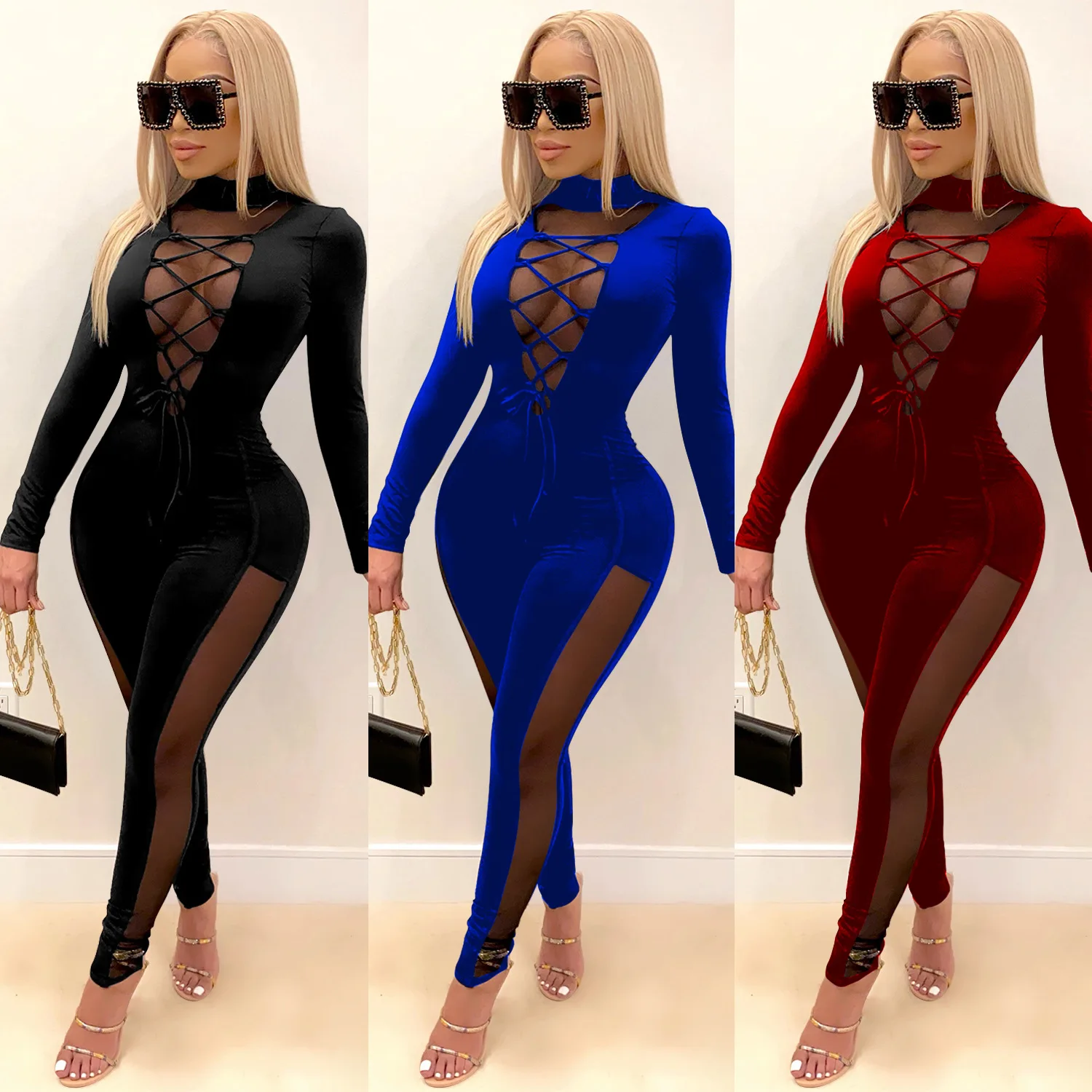 

Turtleneck Jumpsuit One Piece Outfit Black Blue Burgundy Party Outfits for Women Club Party Mesh Sexy Jumpsuit Mono Mujer 2021