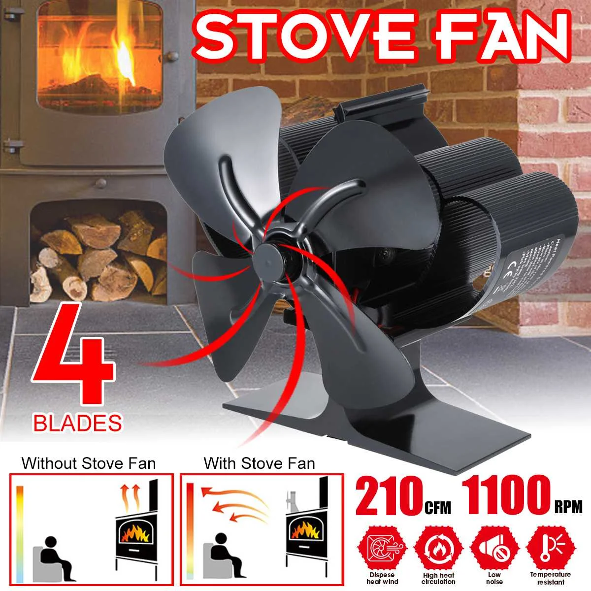

Black Fireplace 4 Blades Heat Powered Stove Fan Log Wood Burner Ecofan Quiet Home Fireplace Fan Efficient Heat Distribution