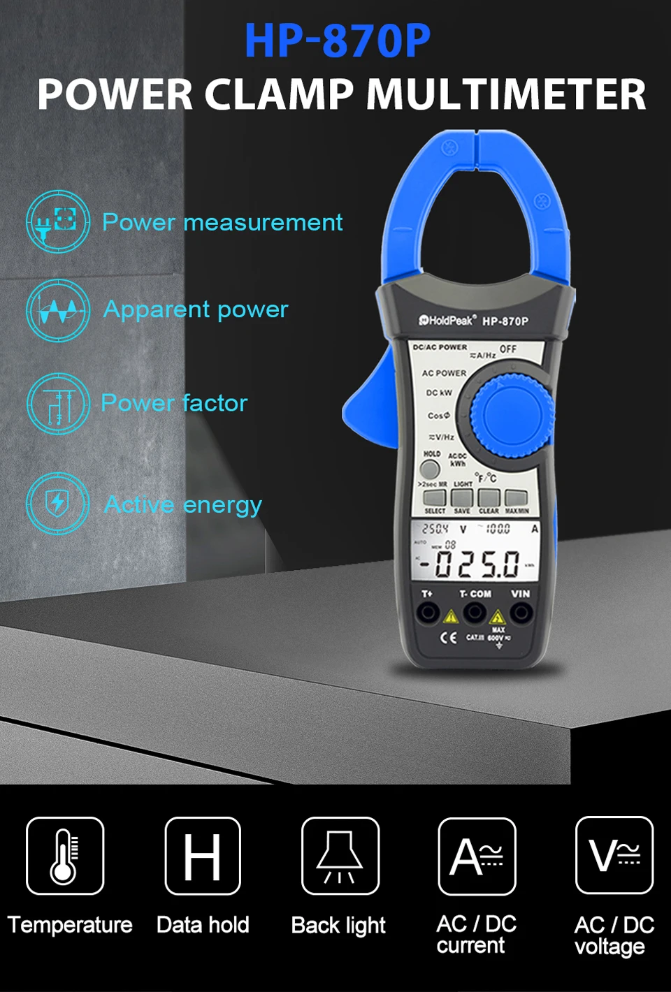 HoldPeak HP-870P измеритель мощности Вольтметр переменного/постоянного тока 999.9A Амперметр тестер электронный мультиметр активная энергия диагностический инструмент
