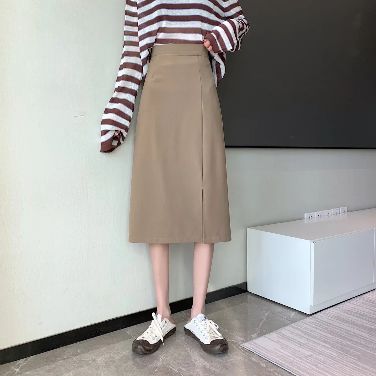 

Black Skirt Women's Summer 2021 New Spring and Autumn Mid-Length Small High Waist A- line Sheath Skirt Split Skirt