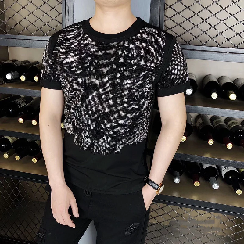 Casual O-Neck Tee Shirt Homme Fashion Diamond Tiger Head T-shirt Mens High Quality Summer T Men Short Sleeve Streetwear | Мужская одежда