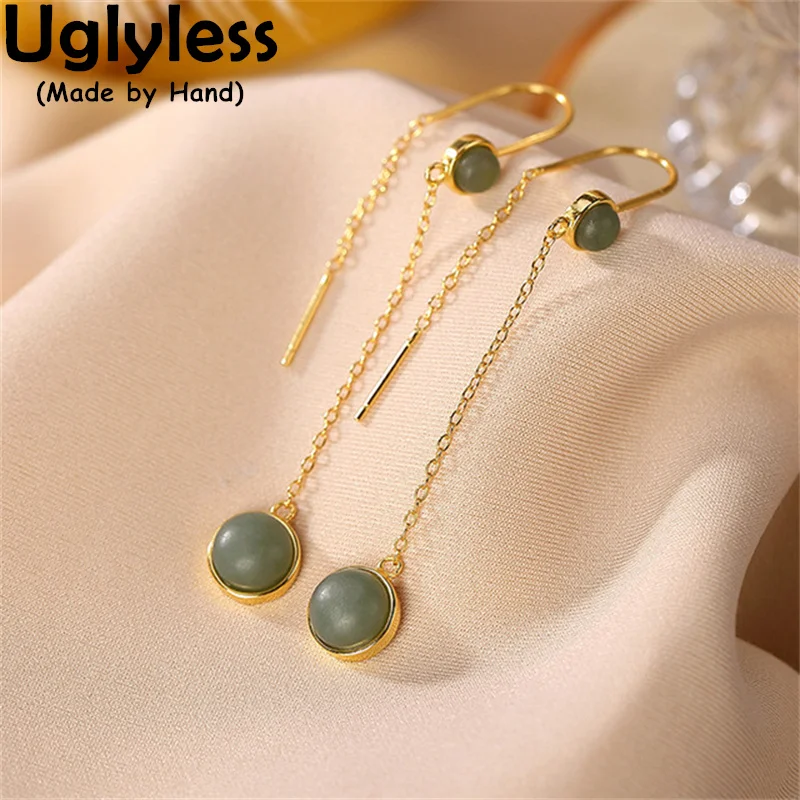 

Uglyless Noble Women Gemstones Party Dress Earrings Nature Agate Brincos Real 925 Silver Long Gold Chains Tassel Jewelry E1335