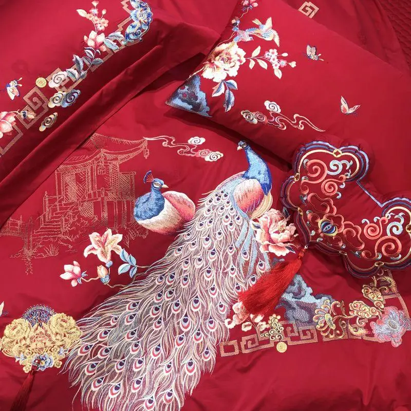 

Wedding Bedding Set peacock embroidery Bed Set 100S Long-staple cotton Red Duvet Cover Set Queen King size Bed Sheet Pillowcases