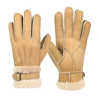winter 100 sheepskin genuine leather gloves fashion men warm fleece snow mittens outdoor five finger wrist gloves