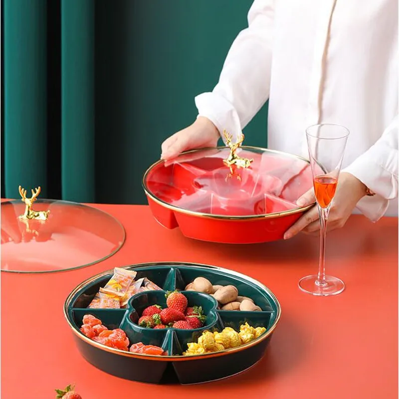 

Керамический поднос для закусок со стеклянной крышкой, простой поднос для сухих фруктов в скандинавском стиле, модный домашний поднос для конфет