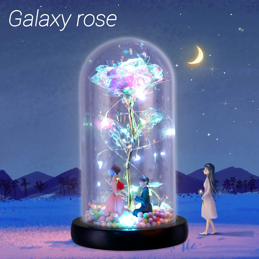 

2022 New Wishing Girl Galaxy Rose In Flask LED Flashing Flowers In Glass Dome for Wedding Decoration Valentine's Day Gift