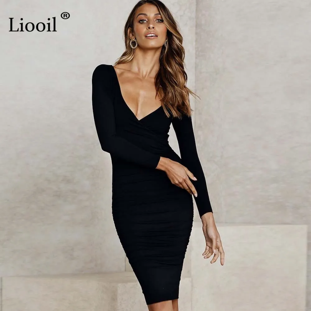 Черный Liooil Fall Sexy V Neck White Midi Bodycon Dress Women Autumn Winter Stretchy Long Sleeve Club Party Tight Fitted Dresses - Цвет: Черный