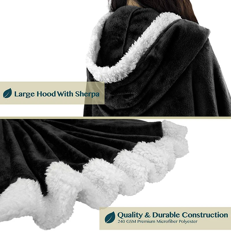 

94cm Angel Wrap Hooded Blanket Sherpa Lining Poncho Blanket Wrap with Warm Fleece Sherpa Plush Soft Wearable Throw Cape