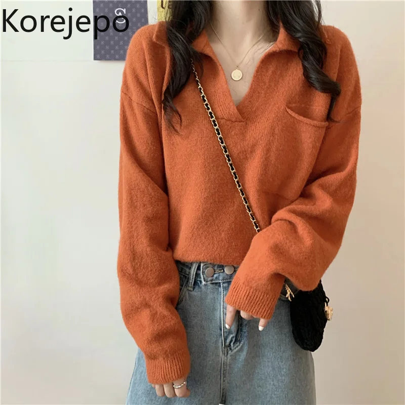 

Korejepo Women Sweater 2021 Autumn Winter New Japanese White Sweater Long-sleeved Sweater Loose Outer Wear V-neck Female Tops