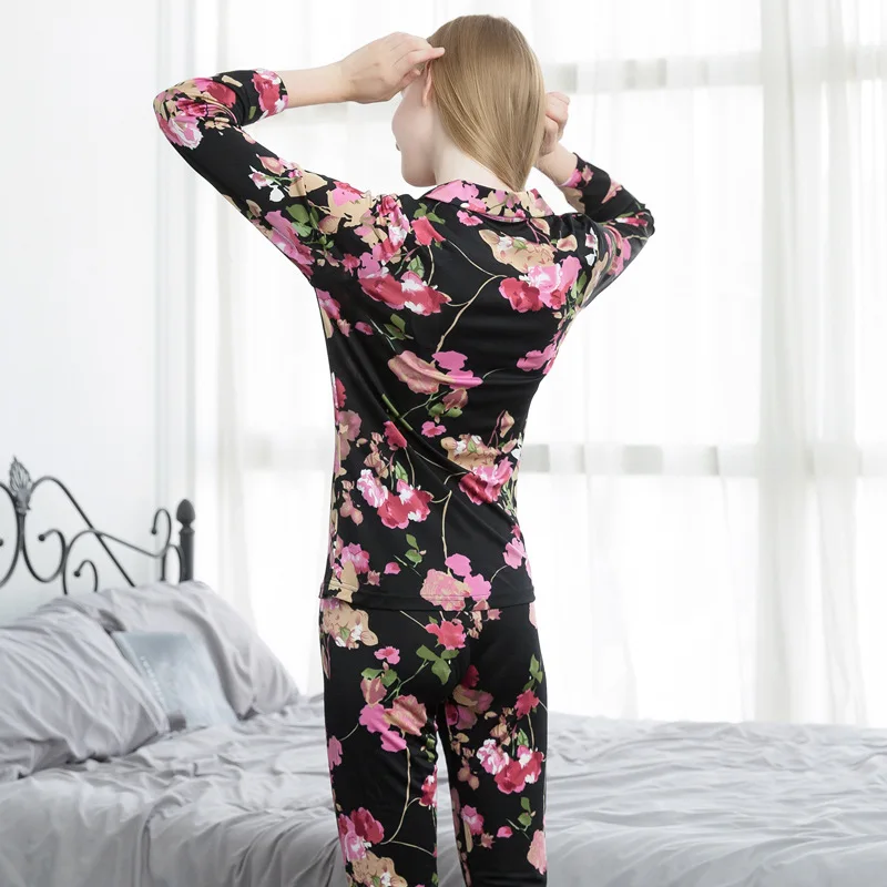 Women Pajamas Set Silk Knit Floral Print Long Sleeve Top and Bottom Set Size M L XL XXL