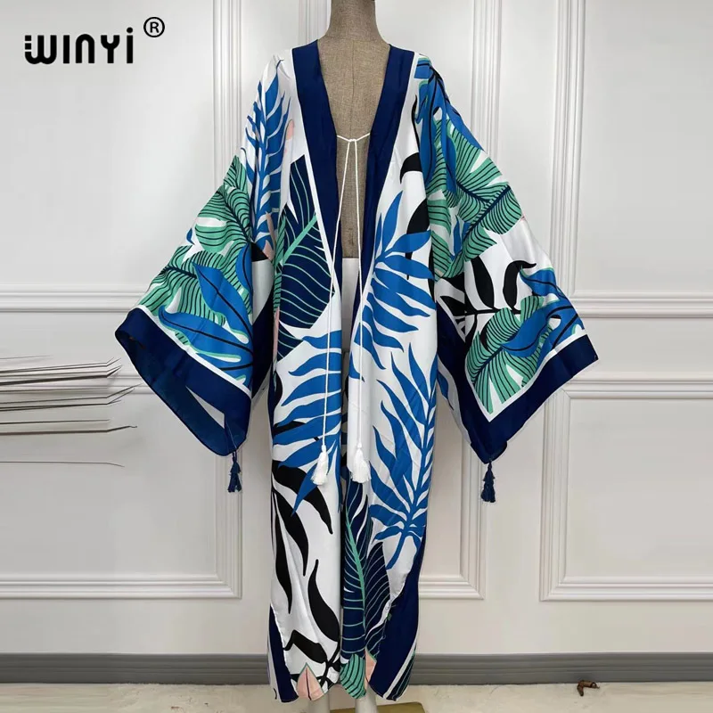 2021 WINYI new Cotton Bikini Sweet Lady Pink Boho Print Self Belted Front Open Long Kimono Dress Beach Tunic Women Wrap Dresses