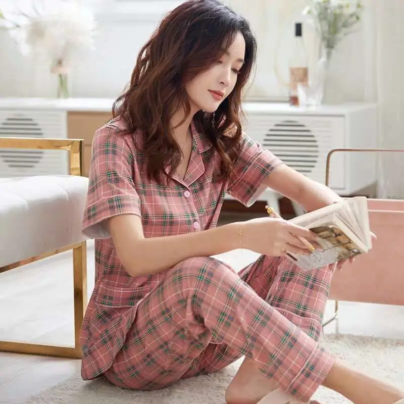 

2021 Spring Summer Cotton Sweet Cute Long Urban Leisure Sleeve Plus Size Women's Suit Cotton Homewear Pajamas
