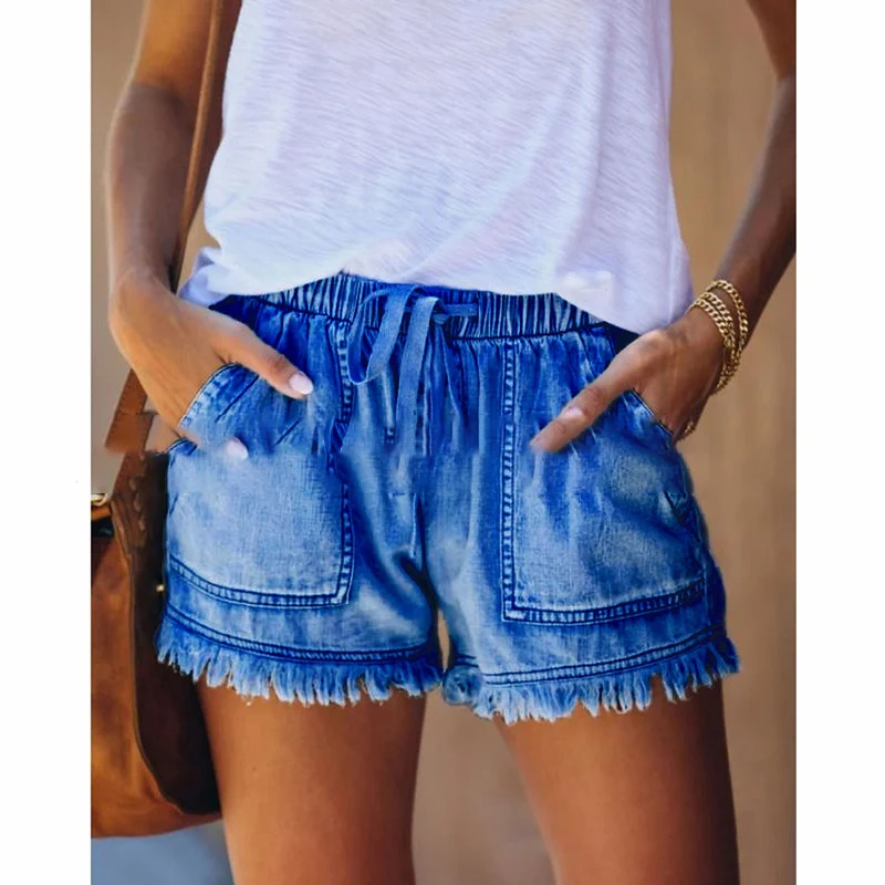 

Summer Women Jeans Shorts 2021 New Drawstring Mid-Waist Tassel Bandage Bottom Short Female Vintage Streetwear Ladies Shorts