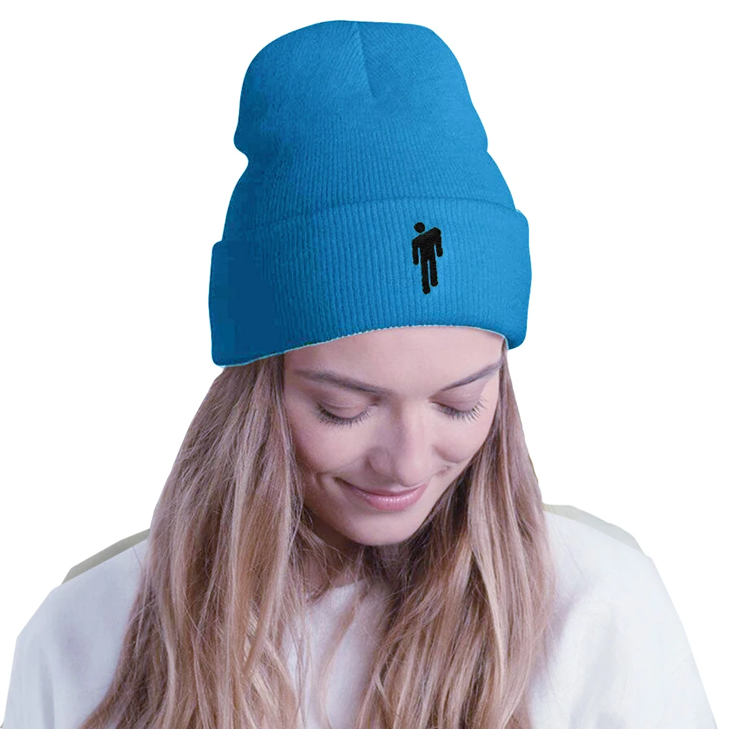 Light Blue Billie Eilish, шапка в стиле хип-хоп, женские неоновые зеленые кепки, Модная вязаная шапочка с вышивкой, шапки Skullies, уличная шапка, капот, 18 цветов - Цвет: Light Blue