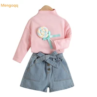 toddler kids baby girls autumn spring full sleeve lollipop top shirts denim belt shorts pants children clothes set 2pcs 18m 6y