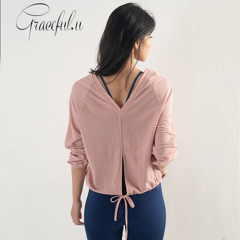 2019 Loose Workout Tops for Women Lace Drawstring Design Crop Top Long Sleeve Shirts Modal Yoga Shirt Running Fitness Clothing | Спорт и