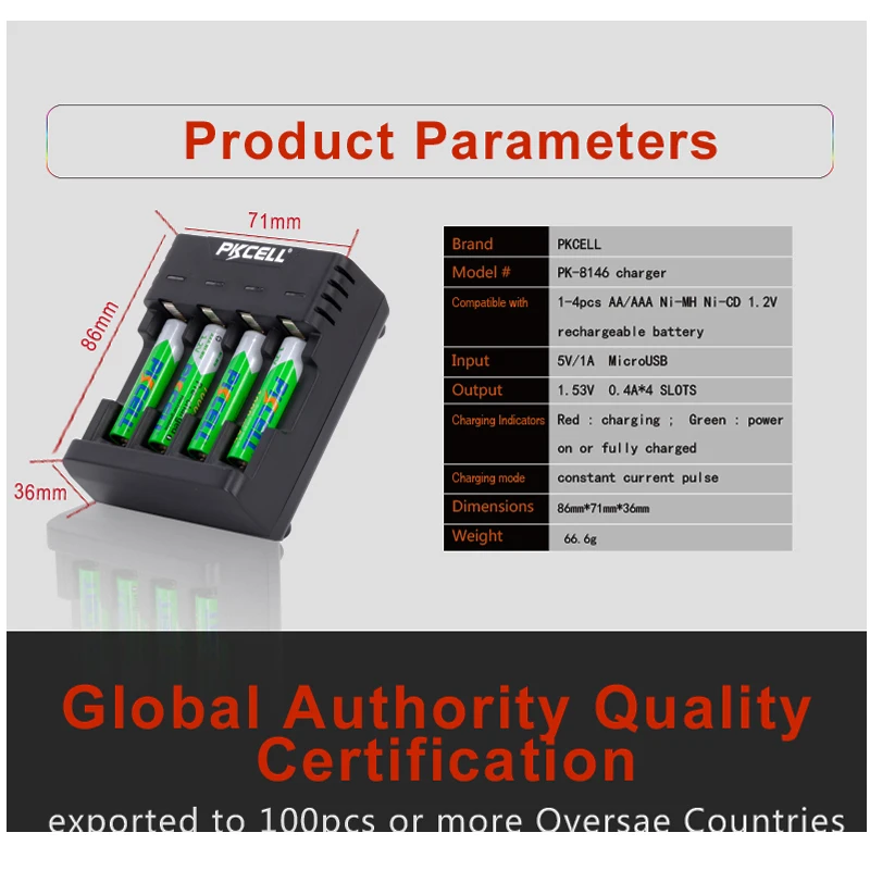 Аккумуляторная батарея PKCELL 1 2 В AA AAA зарядное устройство для NIMH NICD 4 слота USB