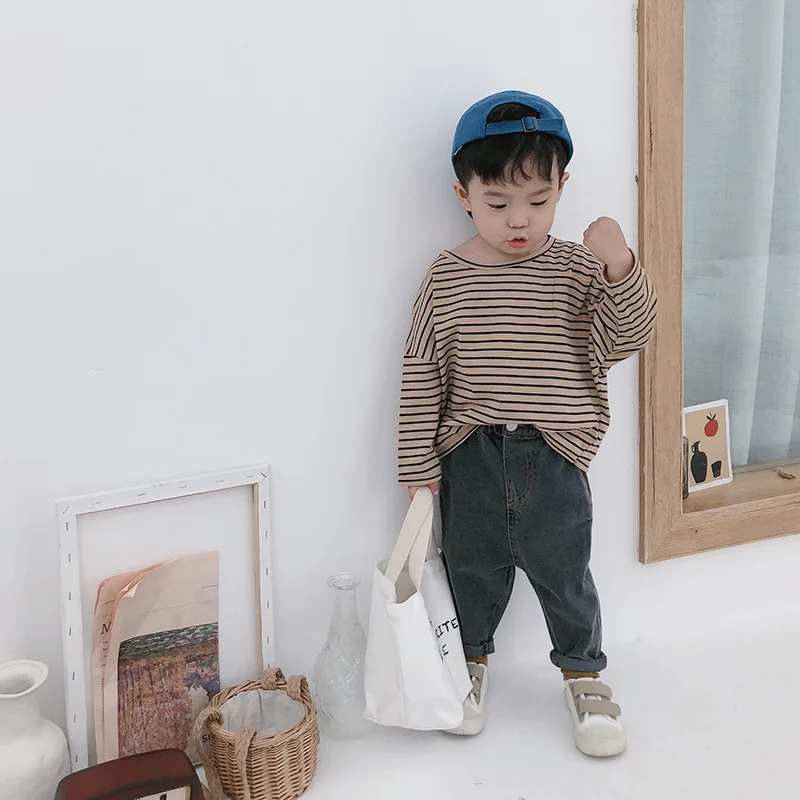 Свободные топы в полоску с длинными рукавами Корейском стиле для маленьких