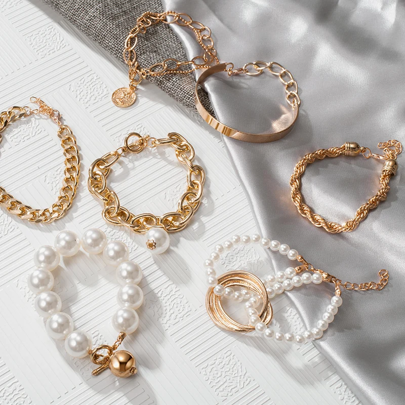 Панк кубинский цепочками жемчужные браслеты комплект ювелирных изделий для