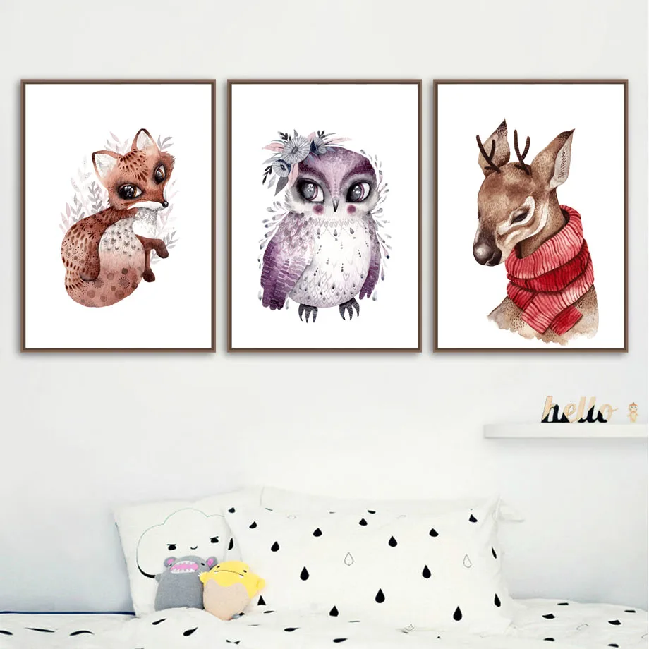 Мультфильм енот лиса Сова животные скандинавские плакаты и принты олень