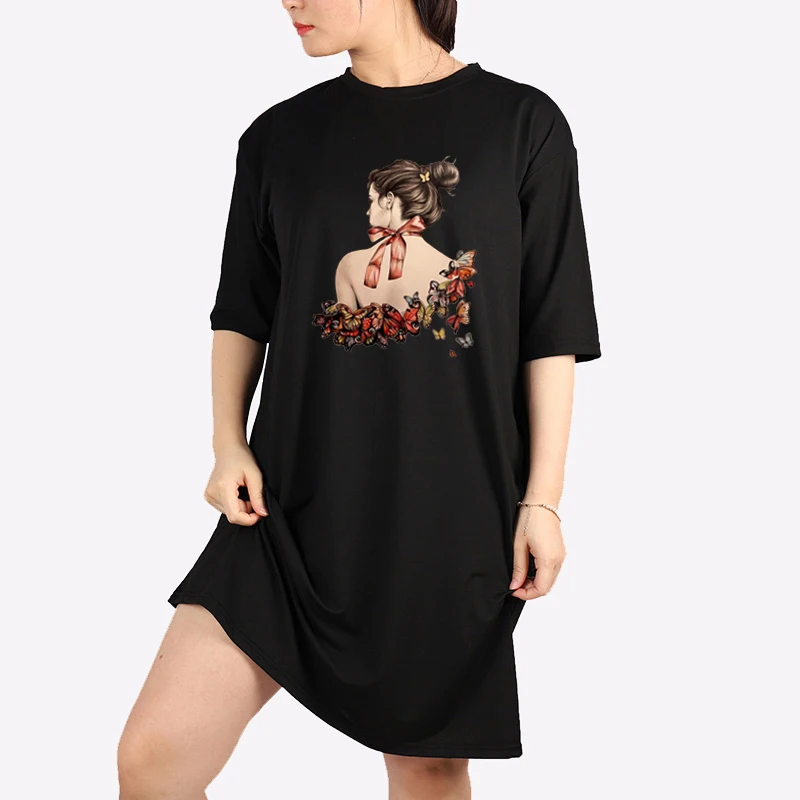 

Women's Sundress Butterfly Girl Print Casual Loose White Black Dress Summer Short Sleeve Harajuku Mini t Shirt Dresses