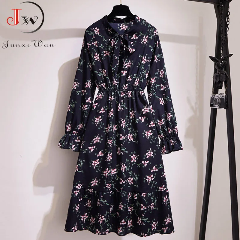 1239-007 Женское шифоновое платье с цветочным рисунком, Осень-зима, длинный рукав, эластичная талия, воротник-бант, повседневные Элегантные вечерние платья для офиса, Vestidos - Цвет: 1239-007
