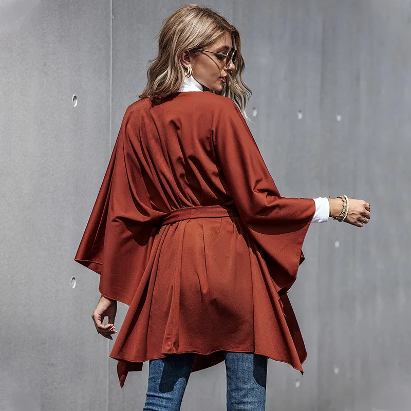 

Women Autumn Winter Fashion Long Coat Elegant V Neck Batwing Sleeve Sash Tie-up Casual Loose Outerwear Coat 2020 Streetwear