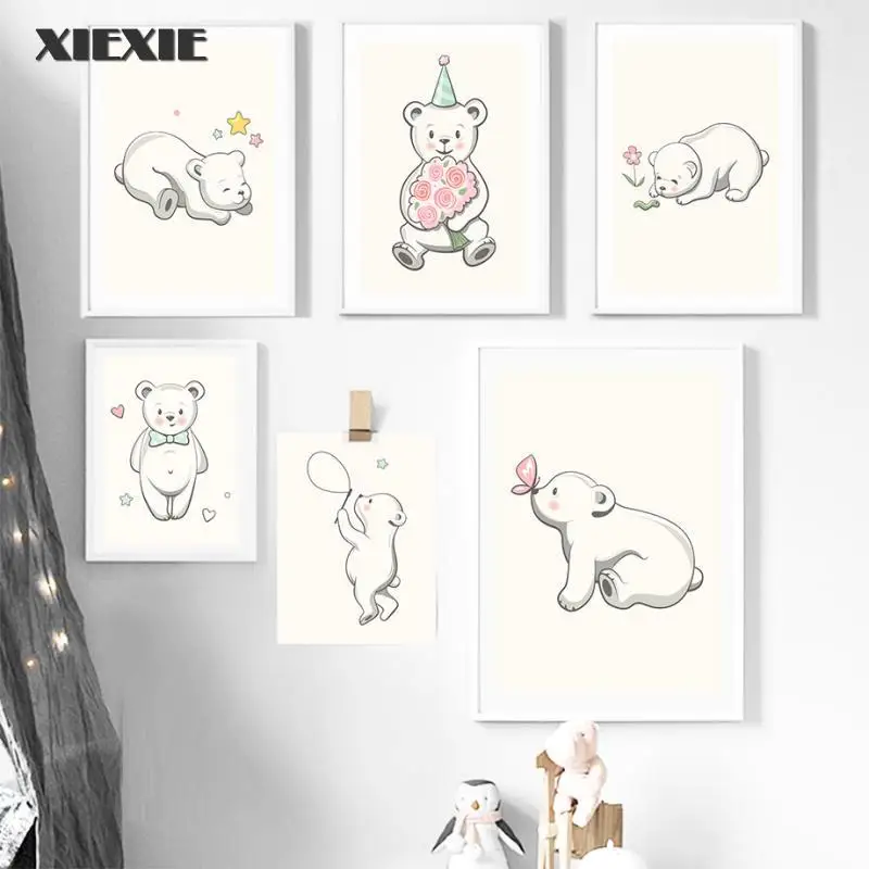 

Cute Bear Flower Balloon Gift Cartoon Nordic Posters and Prints Wall Art Canvas Painting Wall Pictures for Baby Kids Room Decor