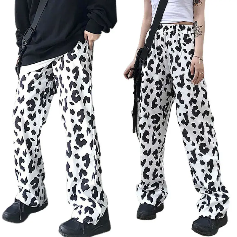

Womens Ladies Casual Cow Print Elastic Waist Loose Pants Straight Leg Trousers