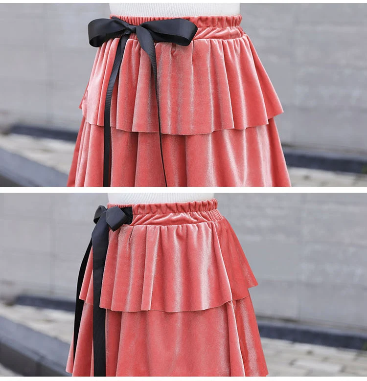 

Elegant Autumn Winter Long Velvet Skirt Women Bow Tie 5 Layer Ruffles Skirts Female High Waist Maxi Skirt Jupe Faldas