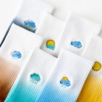 cute cartoon embroidery sun cloud rain gradient color change tie dye socks for woman