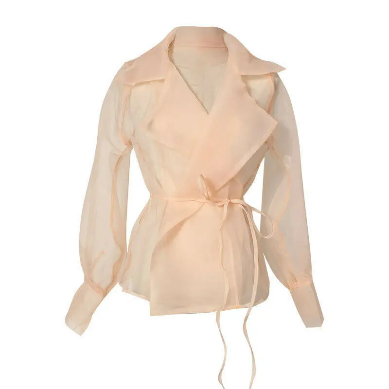 

Women See-through OL Work Shirt Casual Top Mesh Patchwork Puff Sleeve Ruched Blouse