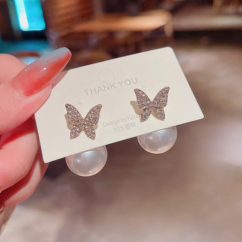 

2021 New Trend S925 Silvers Full Diamonds Butterfly Pearl Dangle Earrings Female Metal Jewellery for Woman Korean