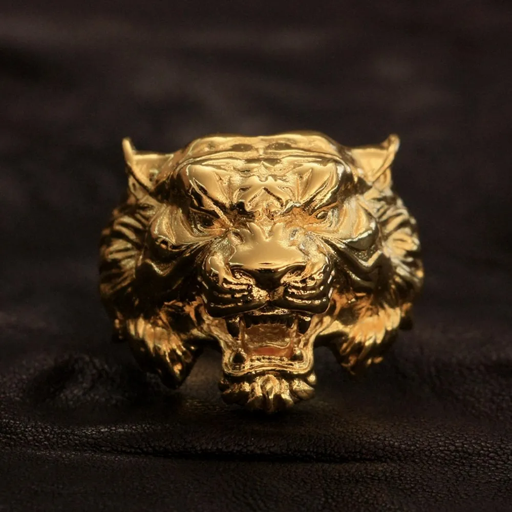 

LINSION High Detail Gold Plated Brass Tiger Ring Mens Biker Punk Jewellery GP130 US Size 7~15
