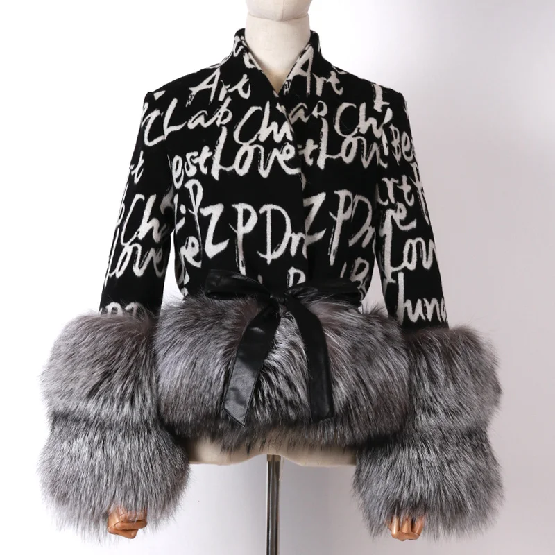 

SHZQ Ladies Wool Coat Fox Fur Sleeve and Bottom Women Wool Coat