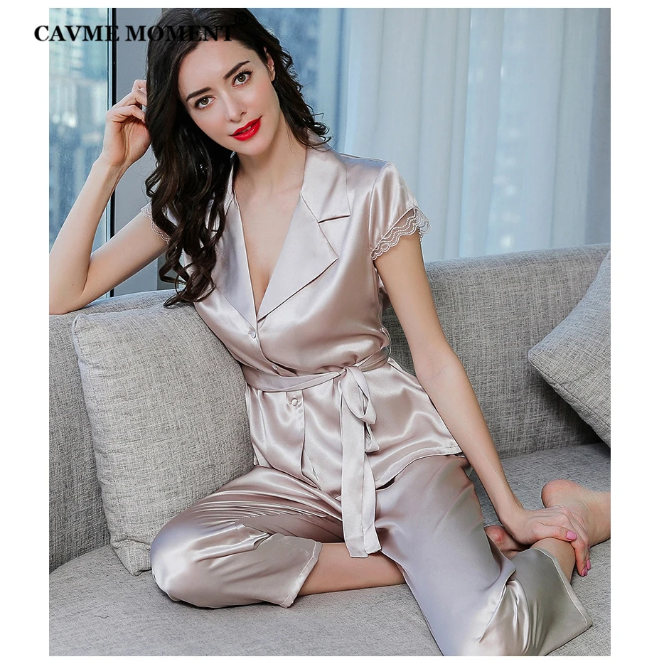 CAVME 100% Silk Pajama Sets for Women Luxury Sleepwear Short Sleeve Pants 2 pieces Pajama Solid Color PLUS SIZE