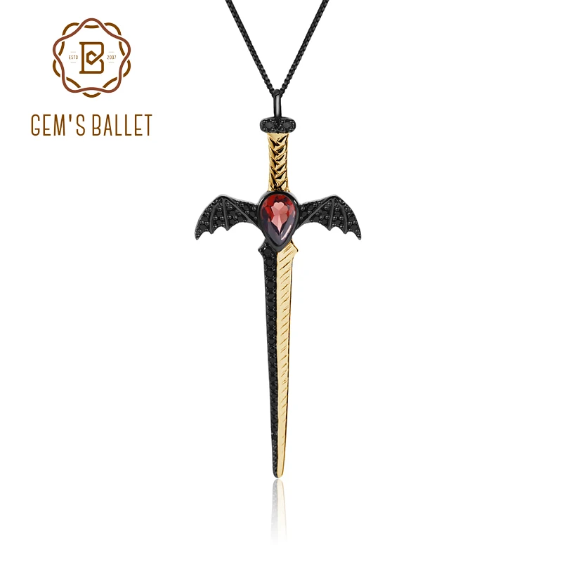 GEM'S балетный меч с крылом Подвеска для Хэллоуина натуральный гранат 925 пробы