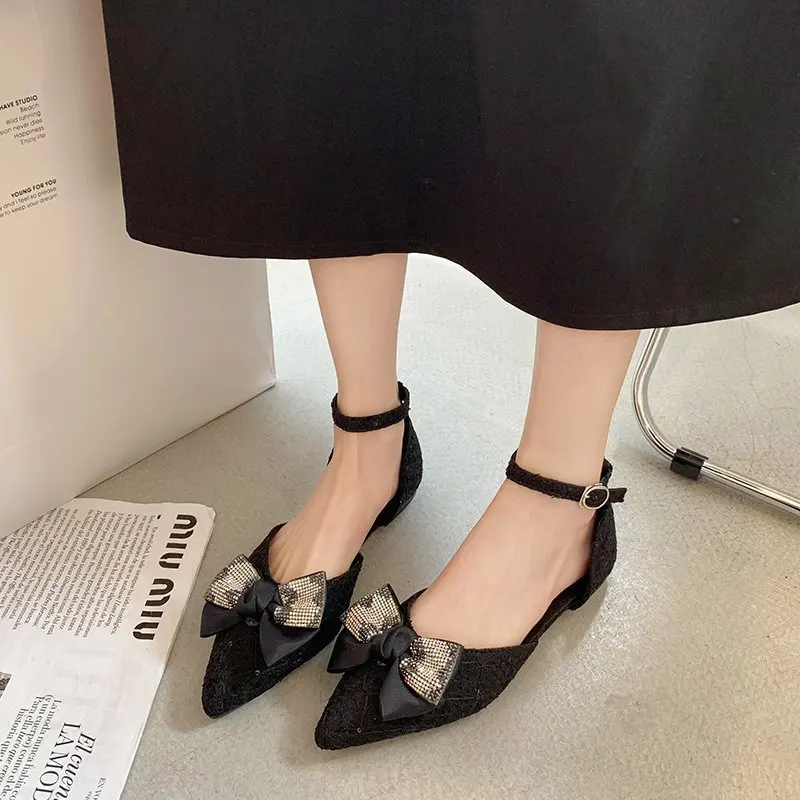 

Female Sandal 2021 Women's Velvet Shoes All-Match Clear Heels Girls New Suede Summer Comfort Pointed Flat Low Bow Beige PU Scand