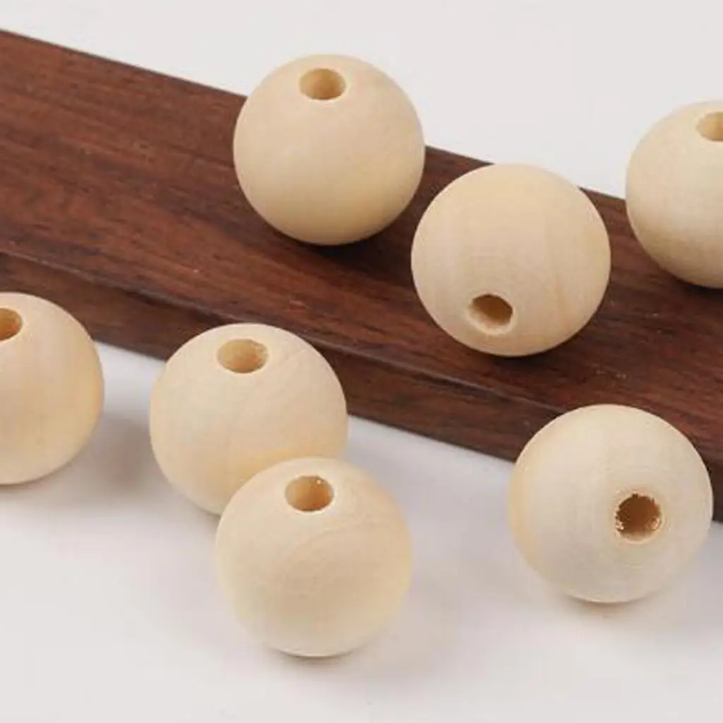 

100pcs Round Wood Beads w\/ Rope Natural Spacer Wooden Ball DIY Bracelet Necklac