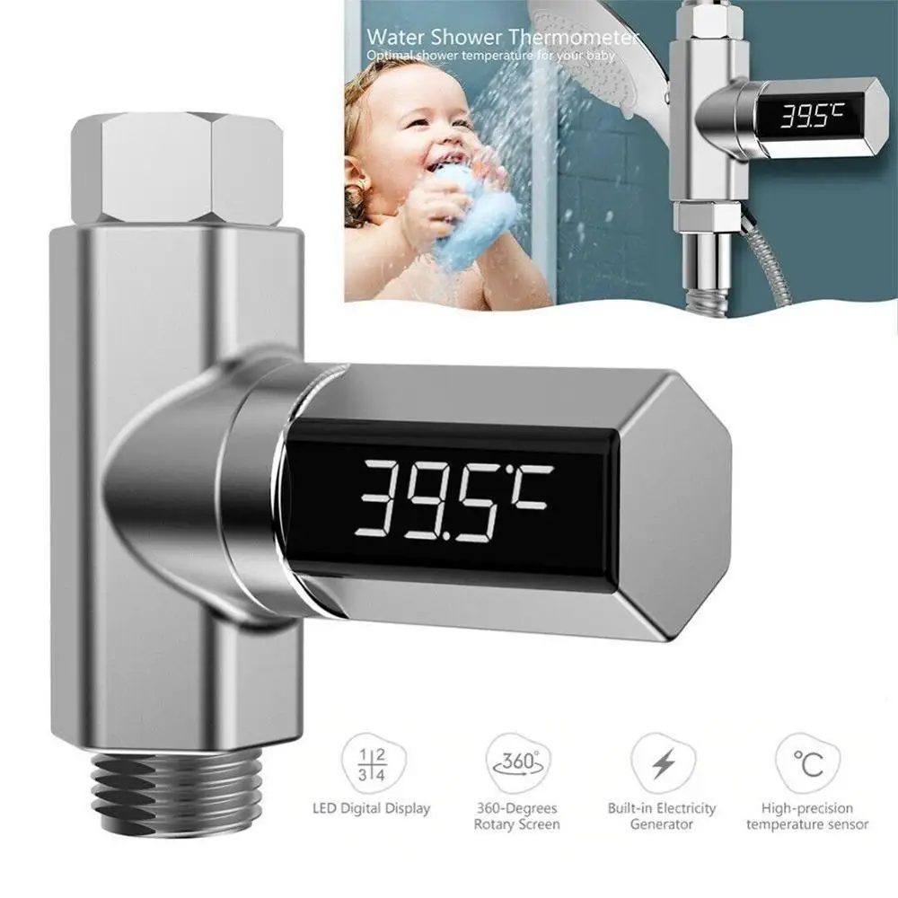 

LED Display Celsius Water Temperature Meter Monitor Electricity Shower Thermometer 360 Degrees Rotation Flow Self-Generating