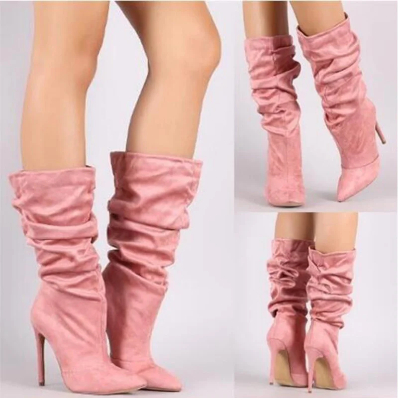 

Women Pleated Mid Calf Boots 2020 Winter Woman Thin High Heels Women's Pointed Toe Female Sexy Pumps Ladies Party Shoe Plus Size