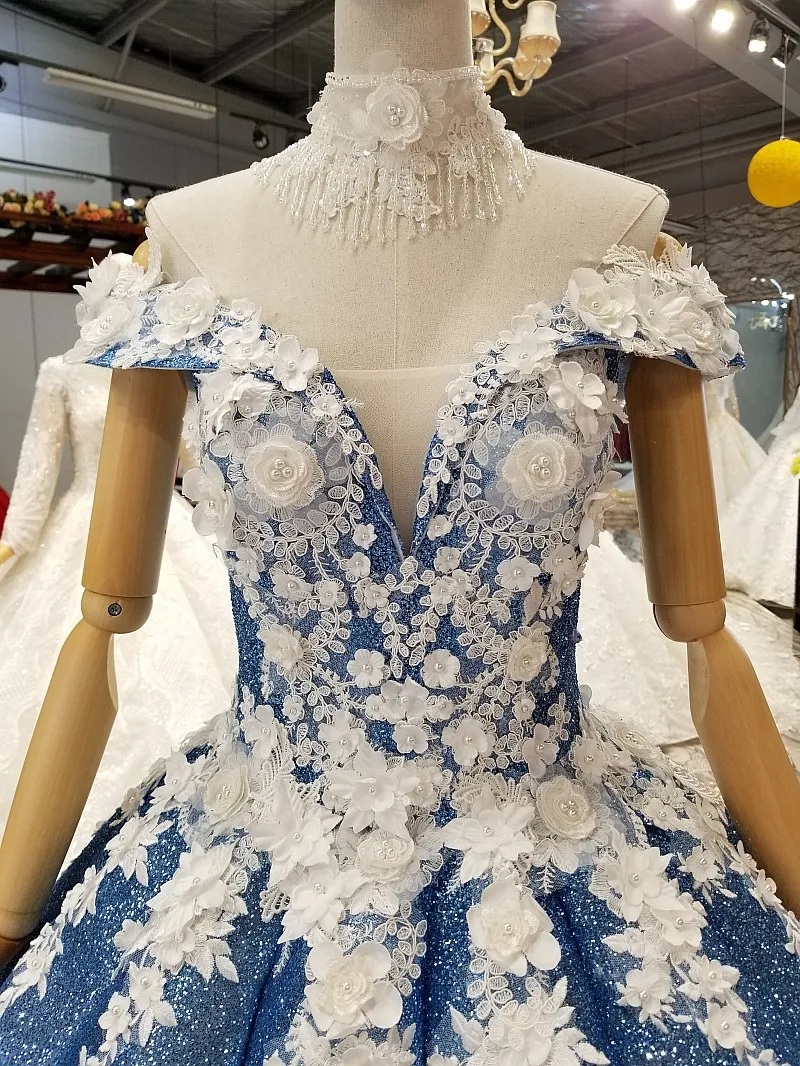 AnXin SH Luxury princess white rose flower blue lace beading pearls illusion boat neck glaring wedding dress 100% real photo