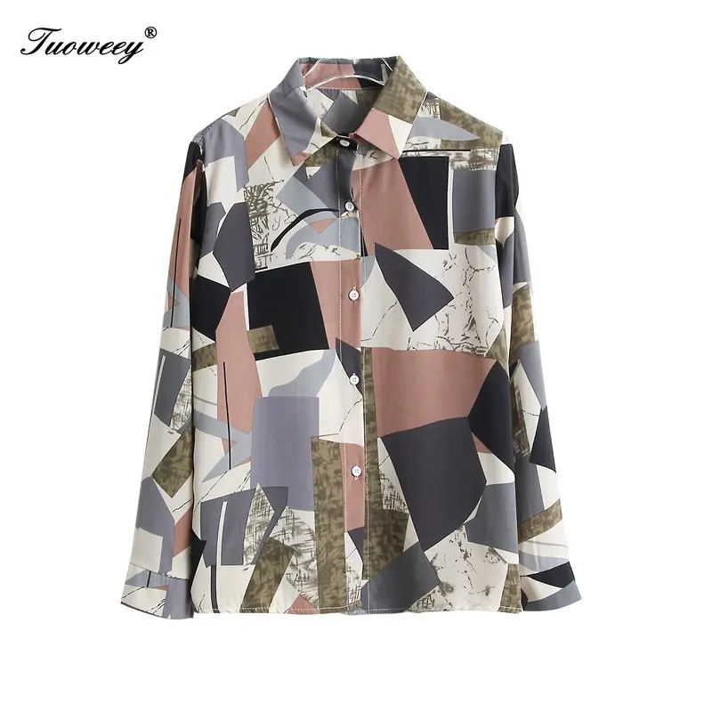 

2020 Plus Size 3XL Geometric Print Women's Shirt Tops Spring Long Sleeve Fashion Loose White Shirts Women Lace Up OL Top Female