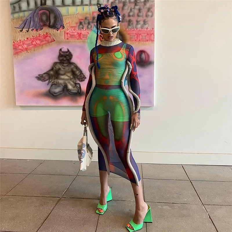

Fashion Foam Vine Body Print Sheer Mesh Midi Dress y2k Turtleneck Long Sleeve Bodycon Night Club Party Robe Autumn Attirewear