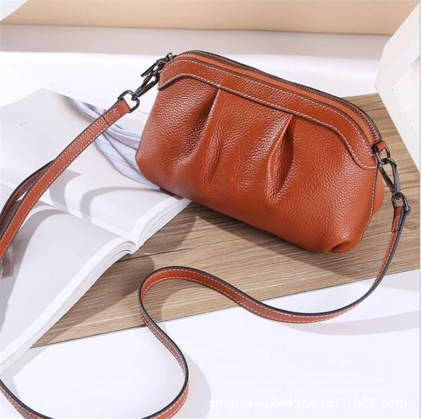 

Genuine Leather Real Cowhide 2022 New Women Knitted Wide Shoulder Straps Cross Bag Litchi Grain Dumplings package