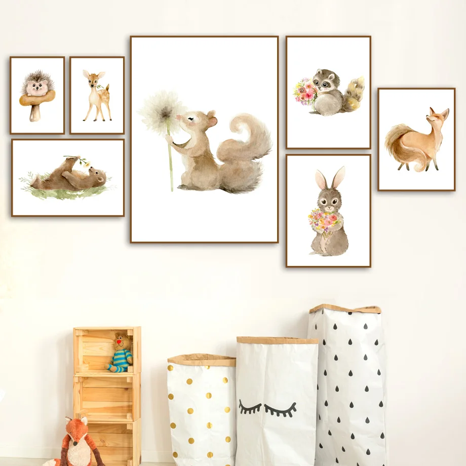 

Cute Cartoon Fox Bear Raccoon Hedgehog Wall Art Canvas Painting Nordic Posters And Prints Animals Wall Pictures Kids Room Decor
