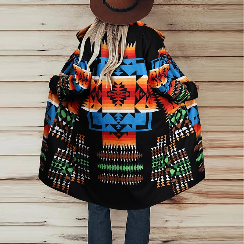 

Winter New Women Casual Wool Blends Woven Coat Abstract pattern print Cardigan Jacket Fashion Thin Loose Mid-length Woolen Coats
