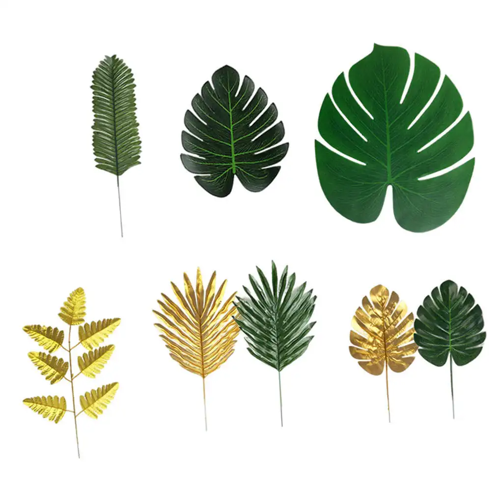 

60 шт./компл. Зеленые искусственные Пальмовые Листья, тропические листья с стеблями для пляжа, композиция для вечевечерние в джунглях